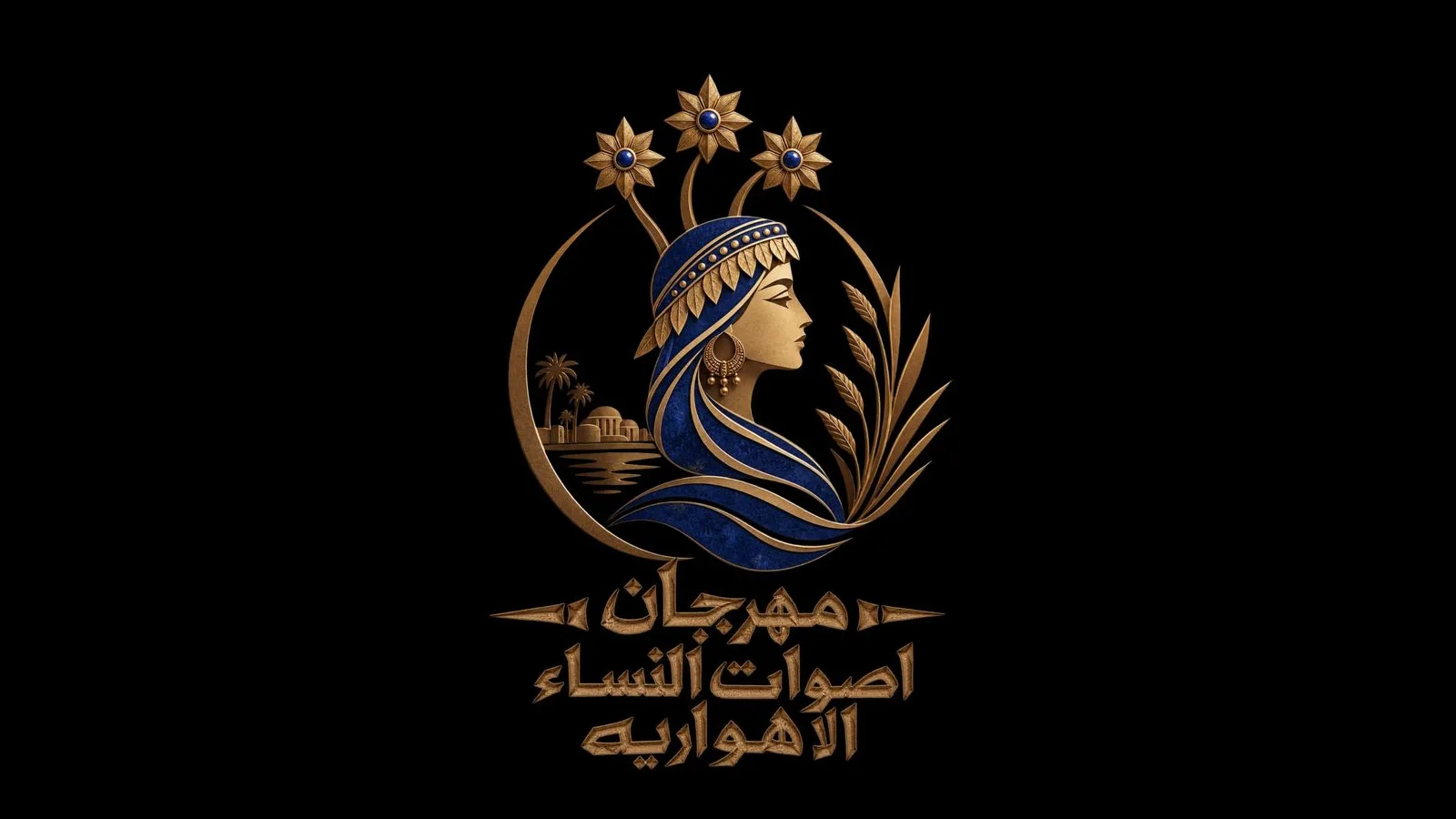 شعار مهرجان أصوات النساء الأهواريات: وجه امرأة بغطاء رأس أزرق، تحيط به أزهار وسنابل ونخيل